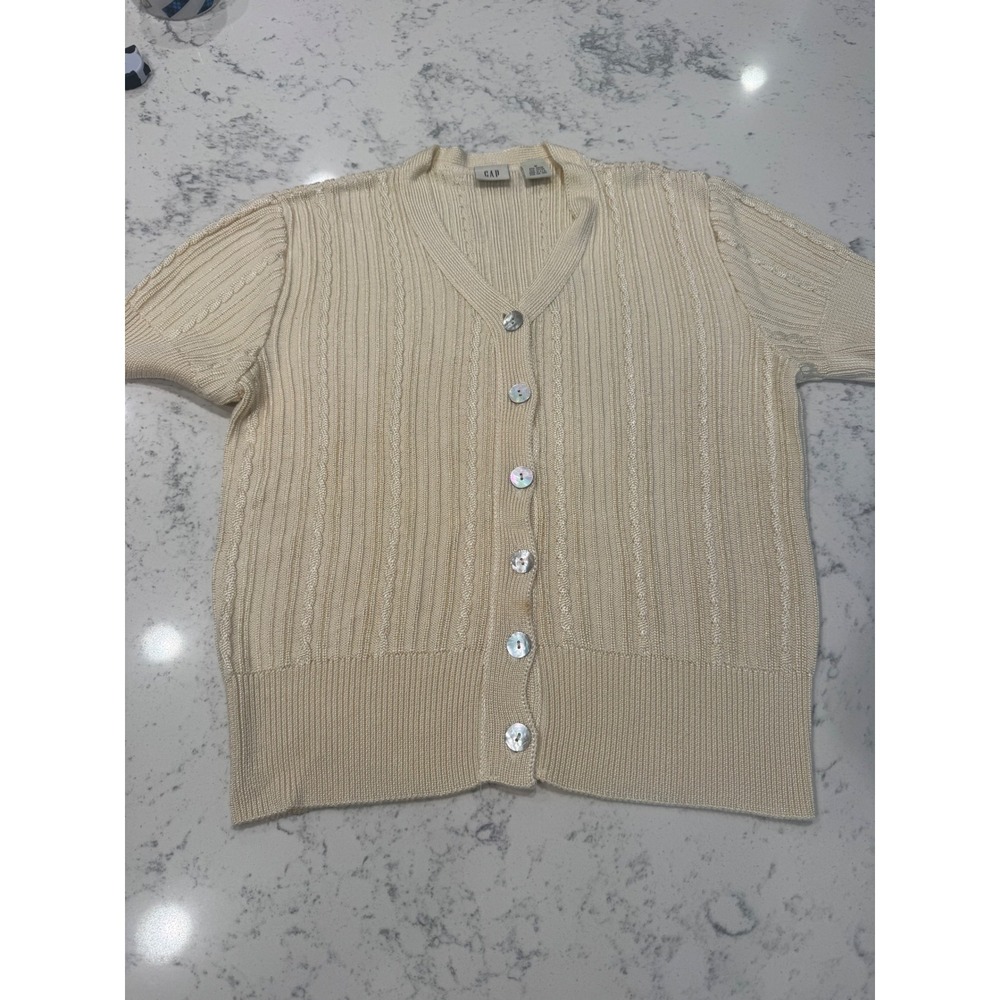 Vintage Gap Cream Cable Knit Short Sleeve Cardigan Sweater Rayon Cotton Womens M